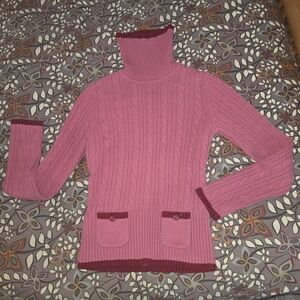 Ann Taylor Loft Pink Cable Knit Turtleneck Sweater Red Trim Size Medium